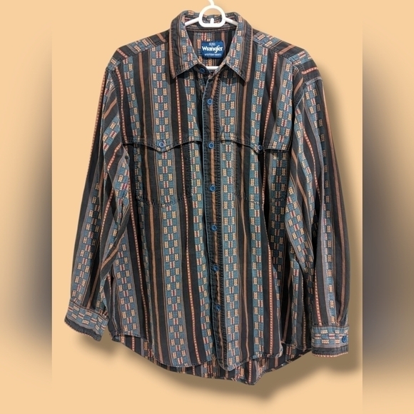 Wrangler Men's Blue Embroidered Stripe Brushpopper Shirt Western Retro 90s - Picture 1 of 9